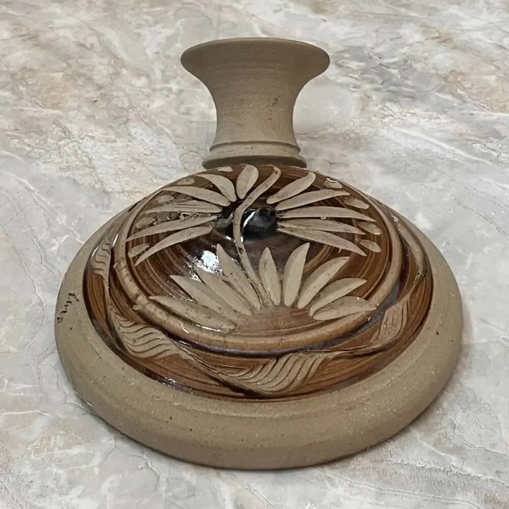 Sandstone Pottery Flat Water Vase Vessel Brown Signed